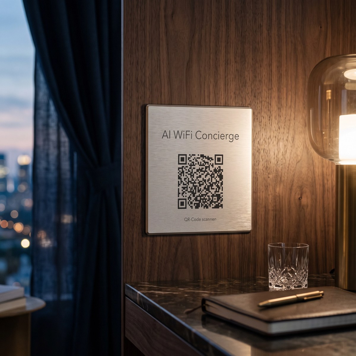 Schild „AI WiFi Concierge“ aus Aluminium im Salon der Suite eines Luxushotels