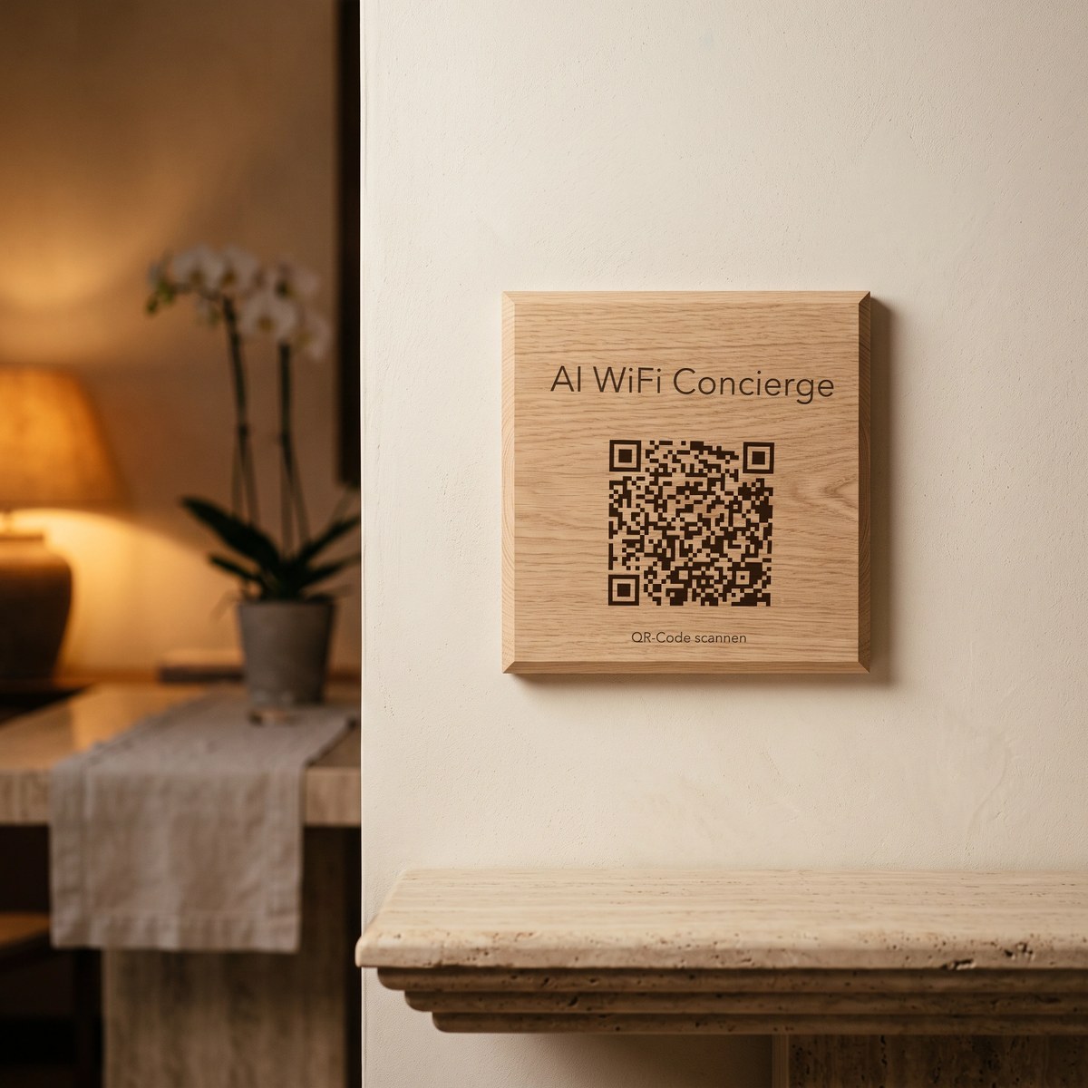 Schild „AI WiFi Concierge“ aus Eiche im Eingangsbereich eines Luxushotels