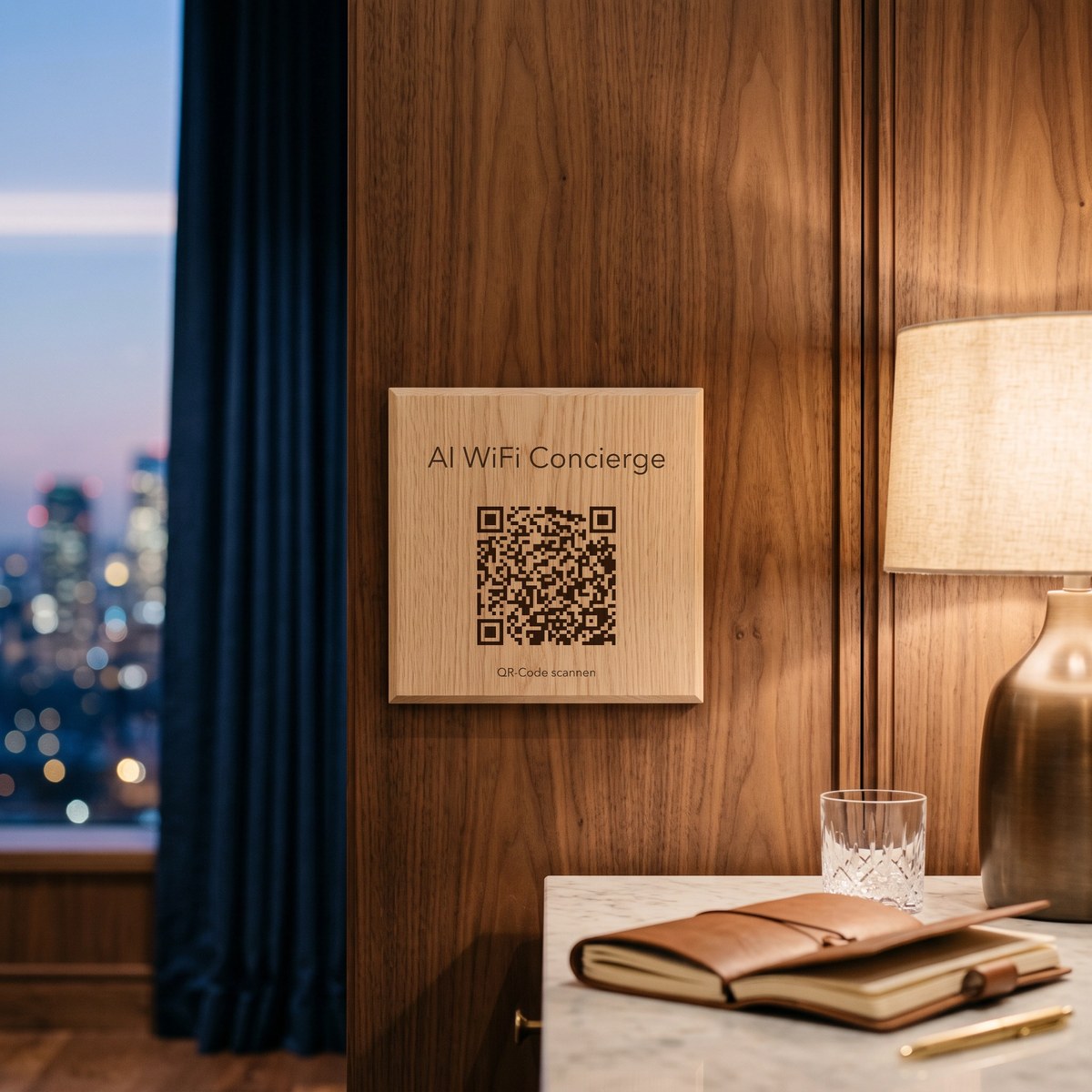 Schild „AI WiFi Concierge“ aus Eiche im Salon der Suite eines Luxushotels