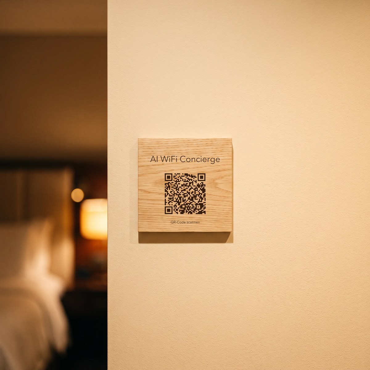 Schild „AI WiFi Concierge“ aus Eiche in der Suite am Abend eines Luxushotels