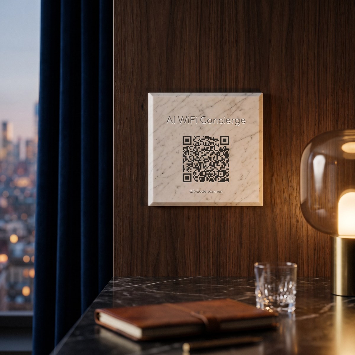 Schild „AI WiFi Concierge“ aus Marmor im Salon der Suite eines Luxushotels