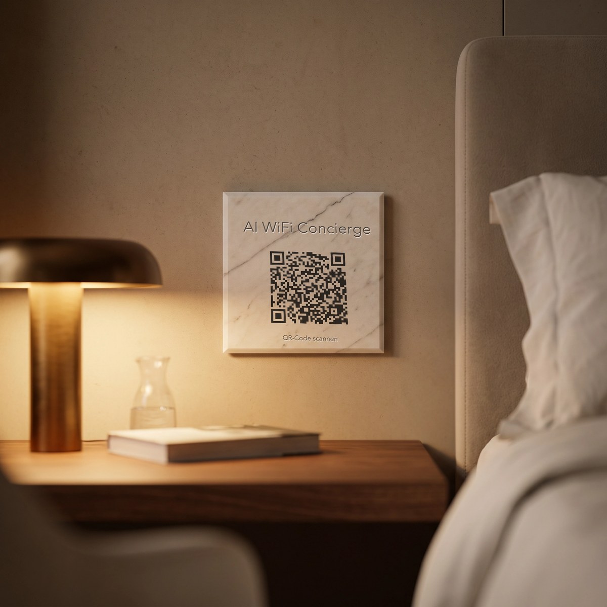 Schild „AI WiFi Concierge“ aus Marmor in der Suite am Abend eines Luxushotels