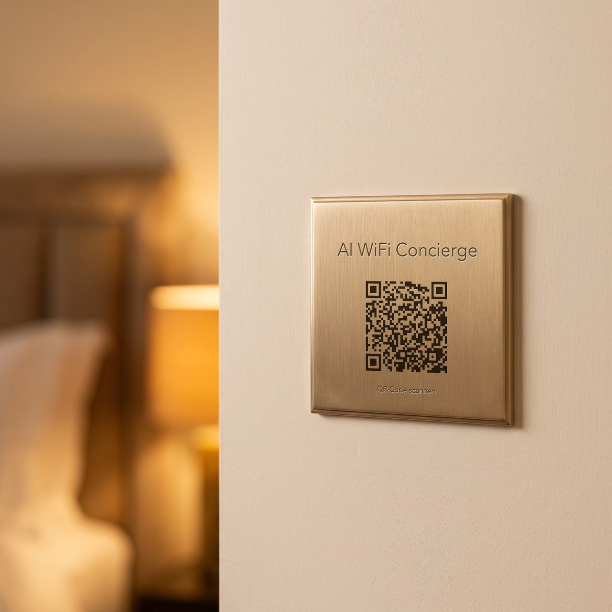 Schild „AI WiFi Concierge“ aus Messing in der Suite am Abend eines Luxushotels