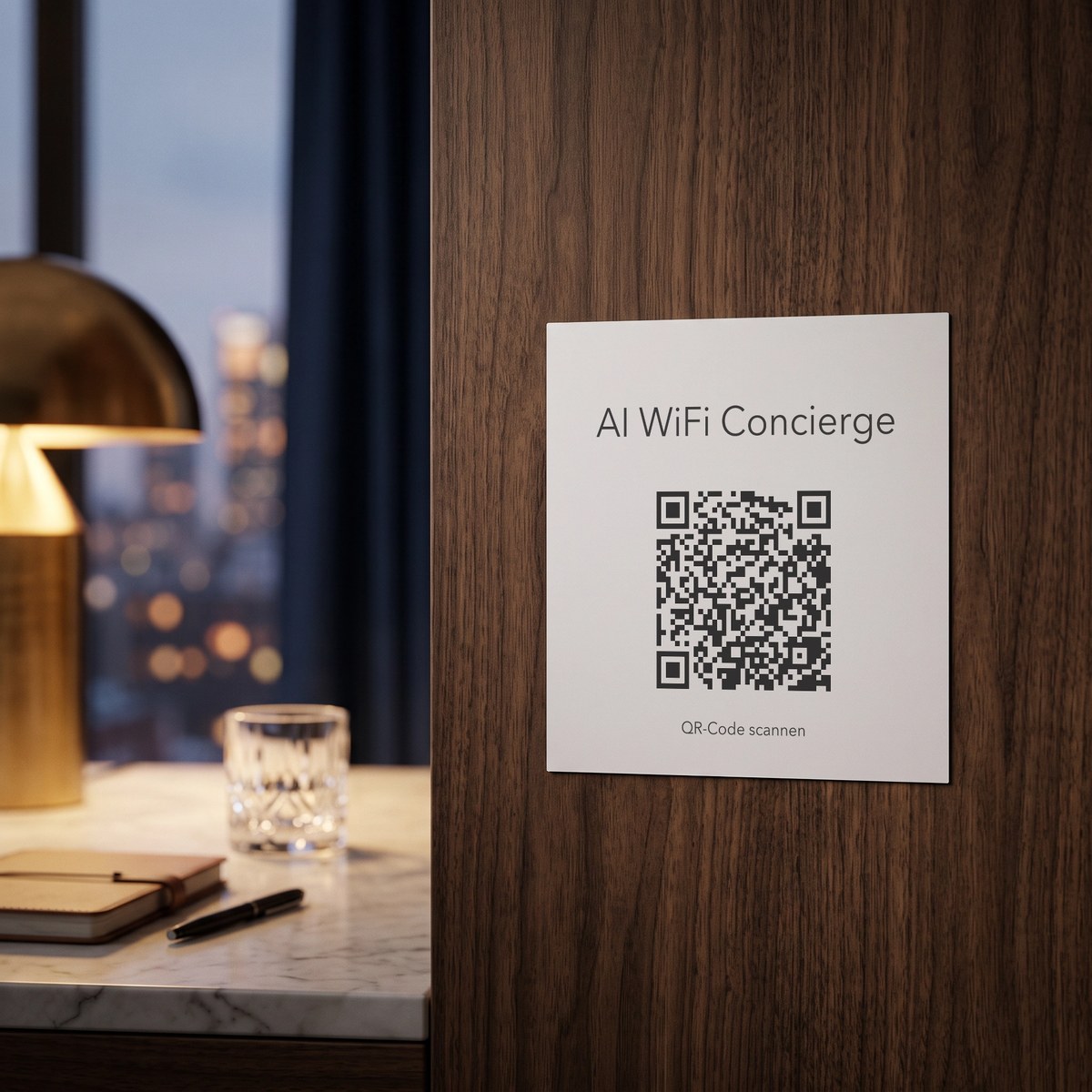 Schild „AI WiFi Concierge“ aus Sticker im Salon der Suite eines Luxushotels